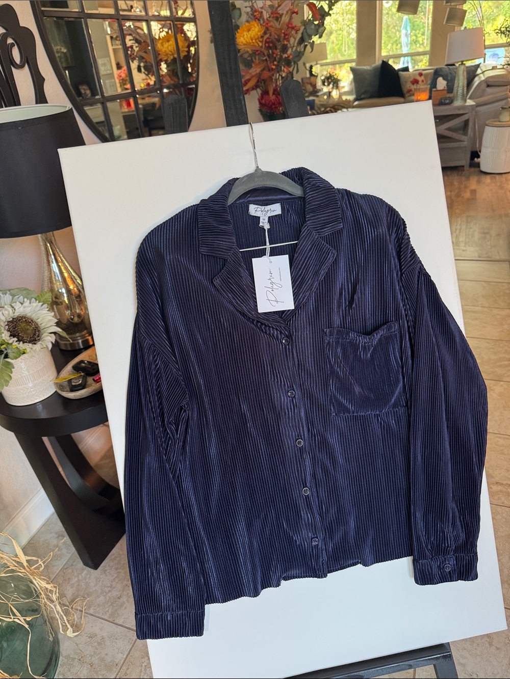 Polagram Navy Corduroy Like Silky Button-Down Shirt